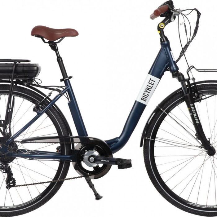 Vélo de Ville Électrique Mixte Bicyklet Claude Shimano Tourney 7V 500 Wh 700 mm Bleu Nuit Mat Marron